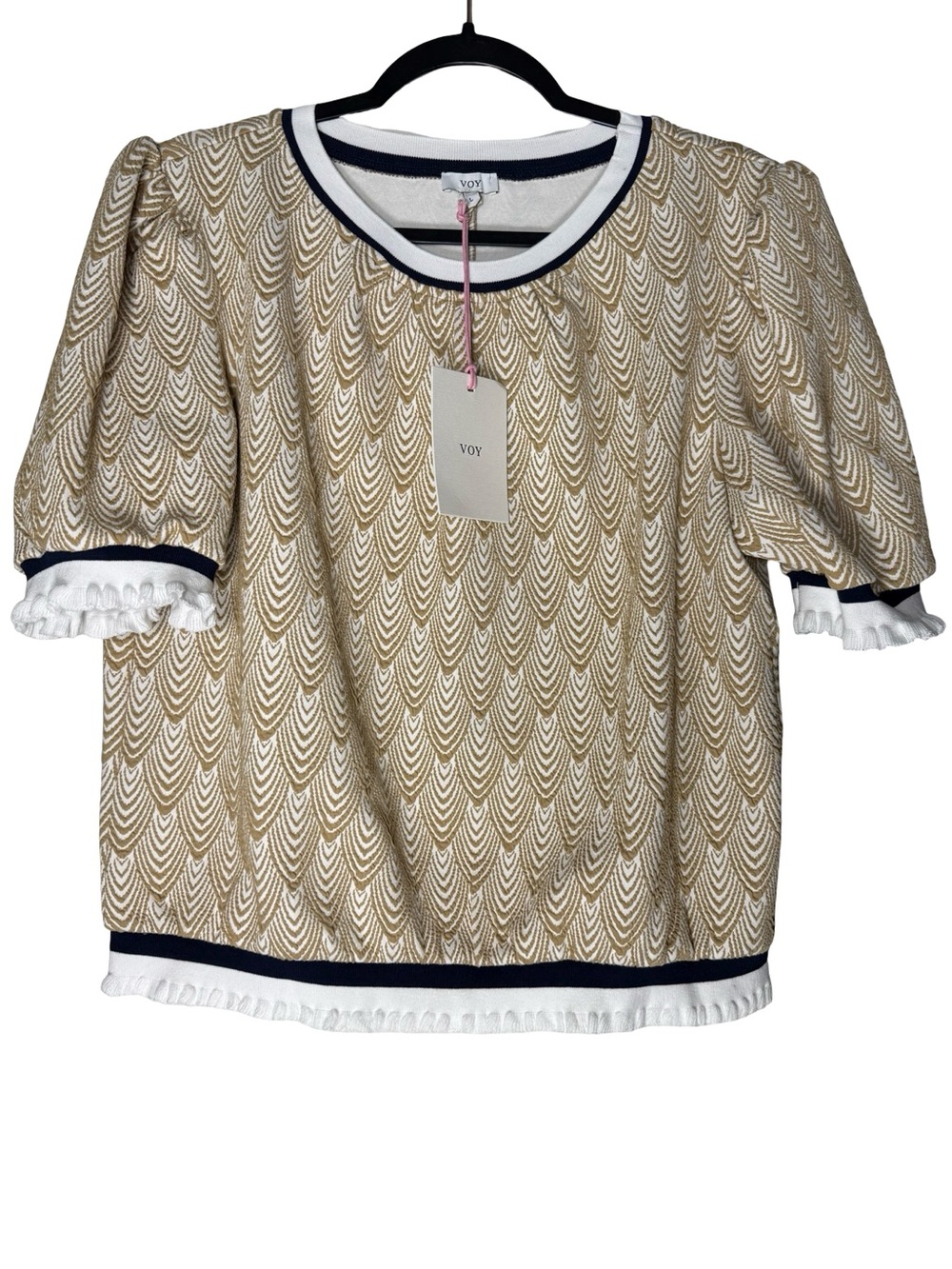 VOY Puff Sleeve Knit Top Sz Large Ruffle Trim Coastal Quiet Luxury Wave Knit NEW